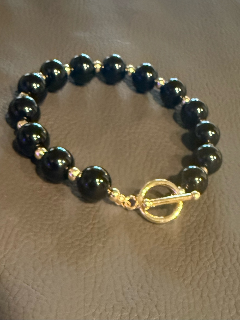 Hand Crafted Black Bead Bracelet with Gold Toggle
